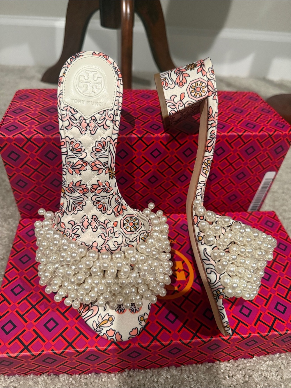 Tory Burch Pink & White Floral Pearl-Cluster Slide Mules